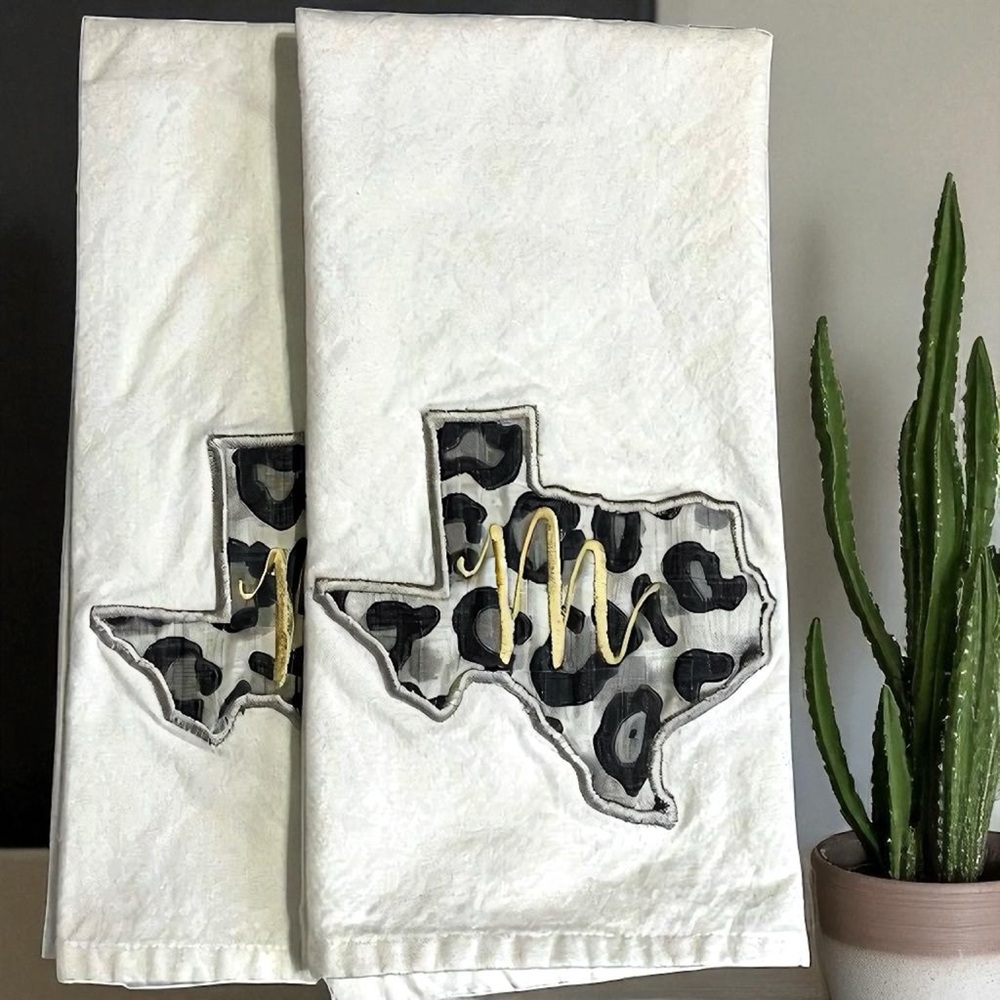 Texas Monogrammed Tea Kitchen Towel Set • Black White Leopard Spots Gold Thread